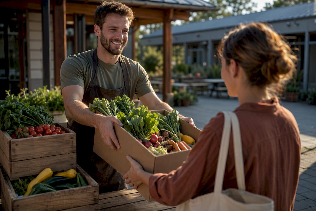 Grower handing customer a local CSA box