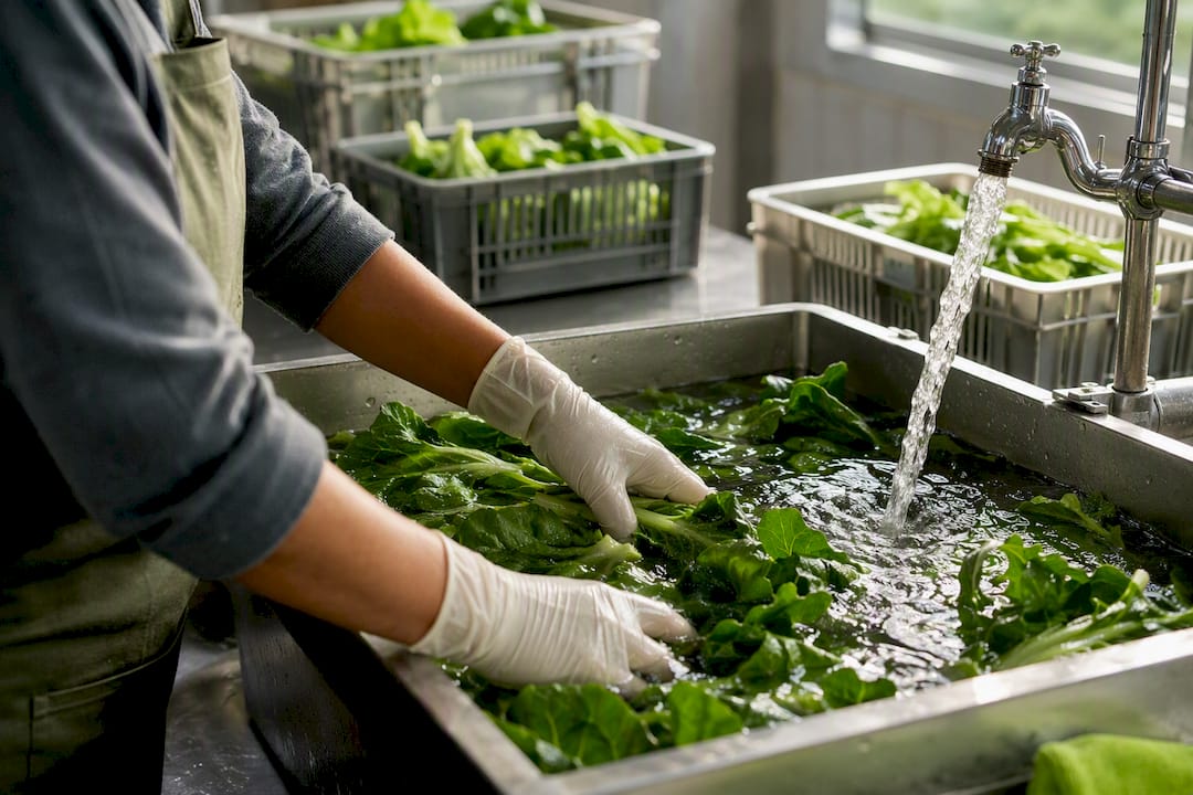 Produce being washed at a small farm