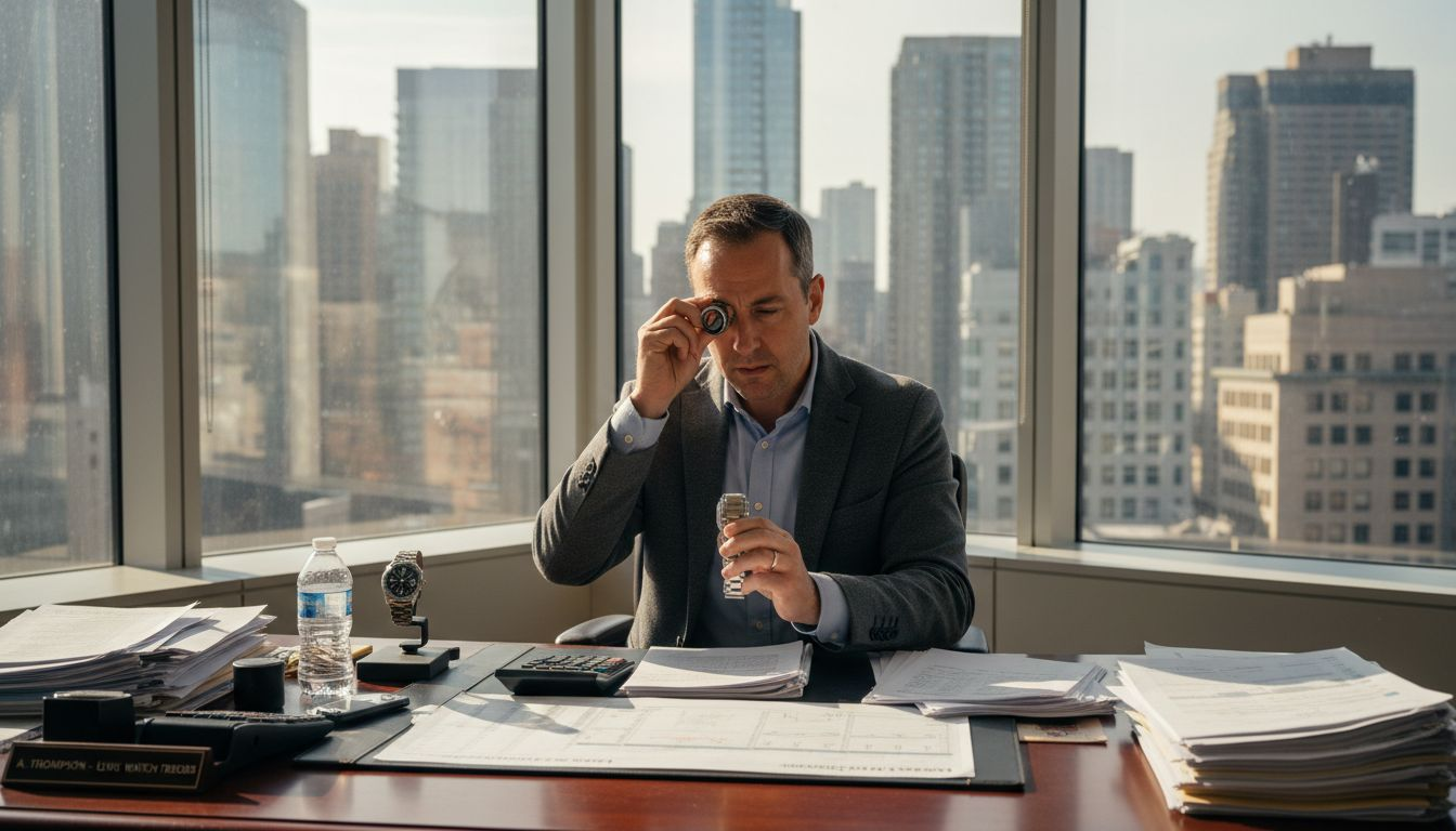 Watch trader inspecting luxury watch in office
