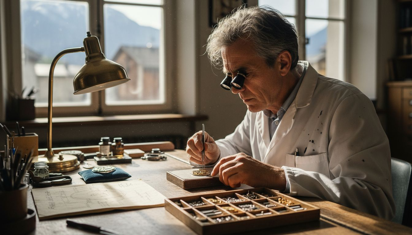 Watchmaker inspecting Patek Philippe in workshop