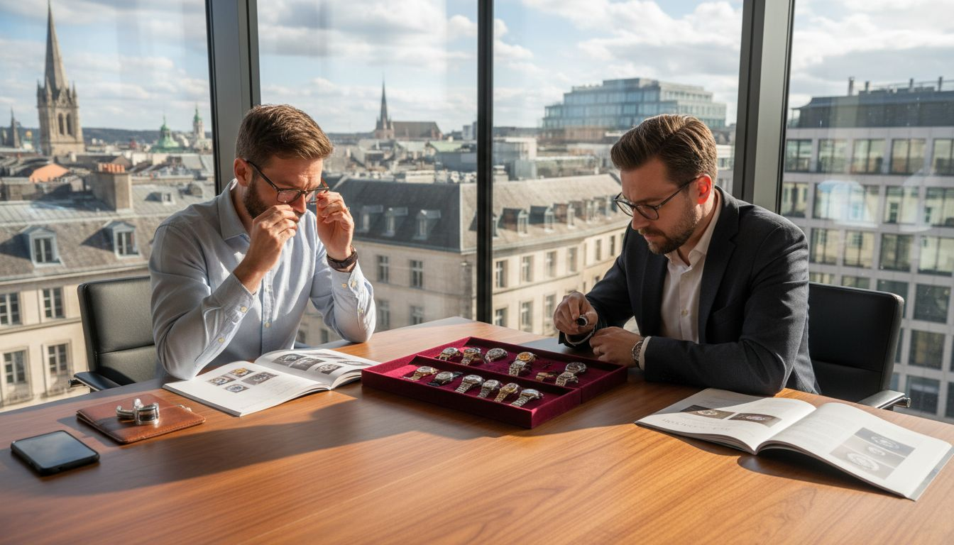 Watch collectors discuss rare Swiss watches at table