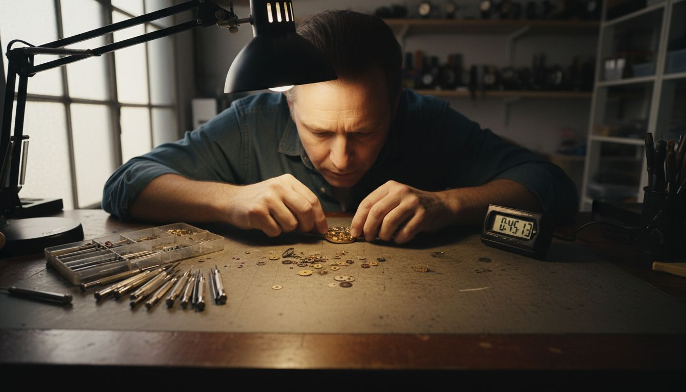 Watchmaker servicing mechanical watch movement