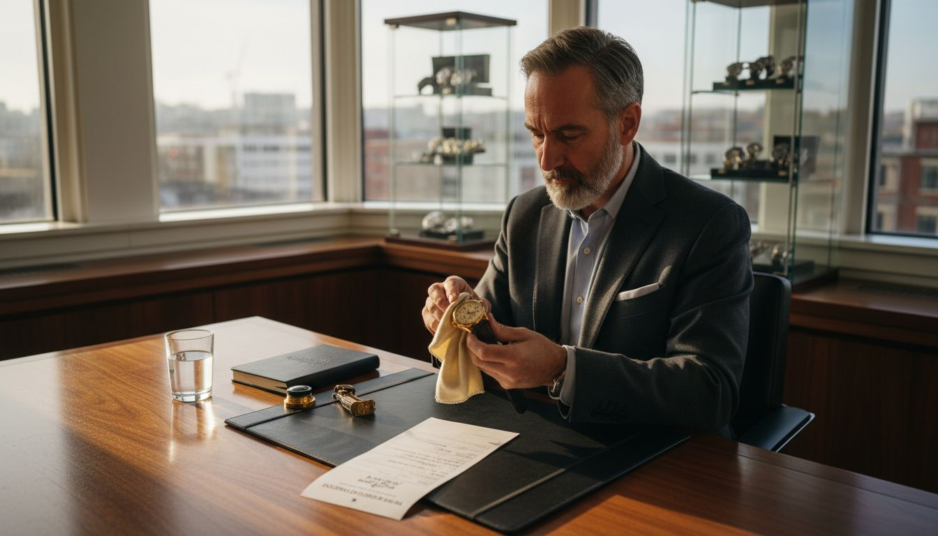Man cleaning luxury watch in sunlit office