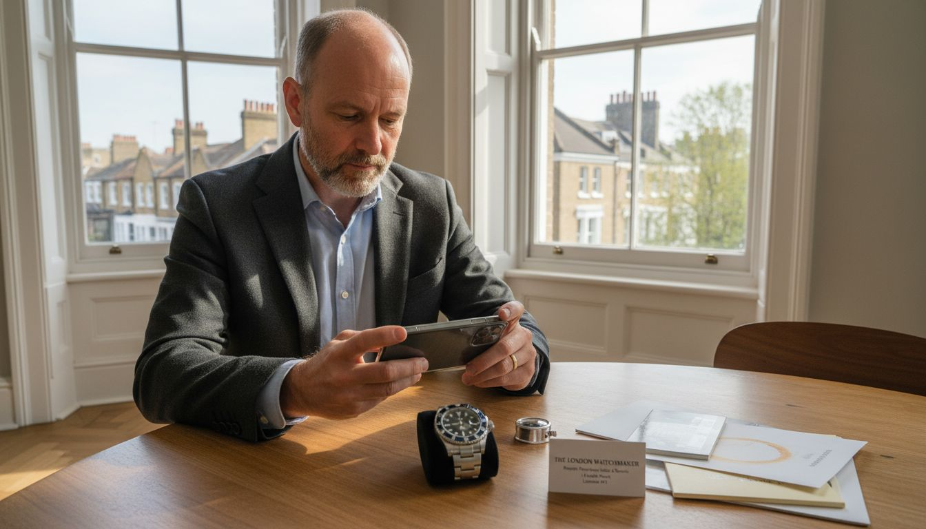 Man photographing Rolex watch at home table