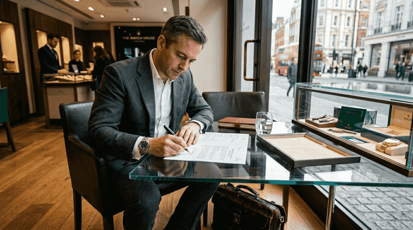 Buyer signing luxury watch warranty papers