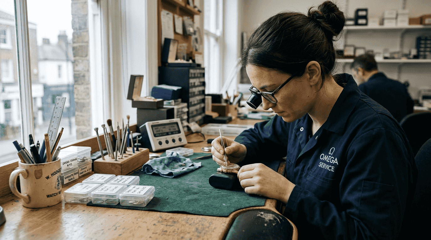 Watch technician repairing luxury watch