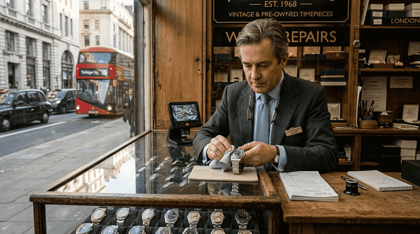 Dealer polishing luxury watch in London shop