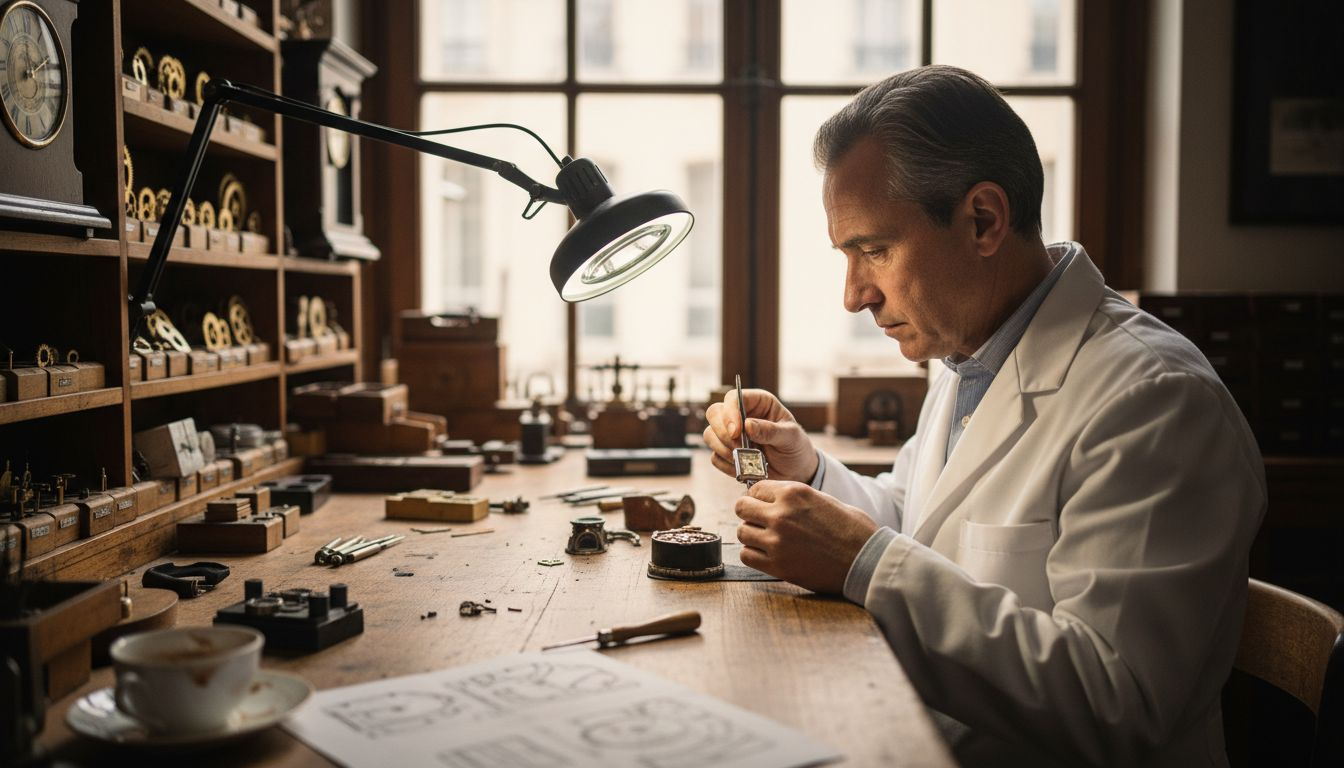 Watchmaker inspecting Cartier Tank in vintage studio