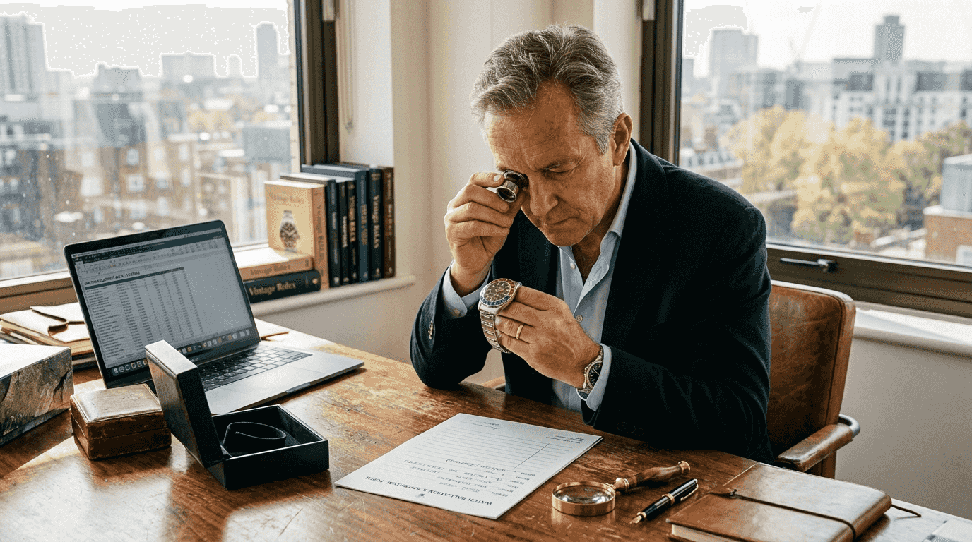 Collector valuing luxury watch at office desk