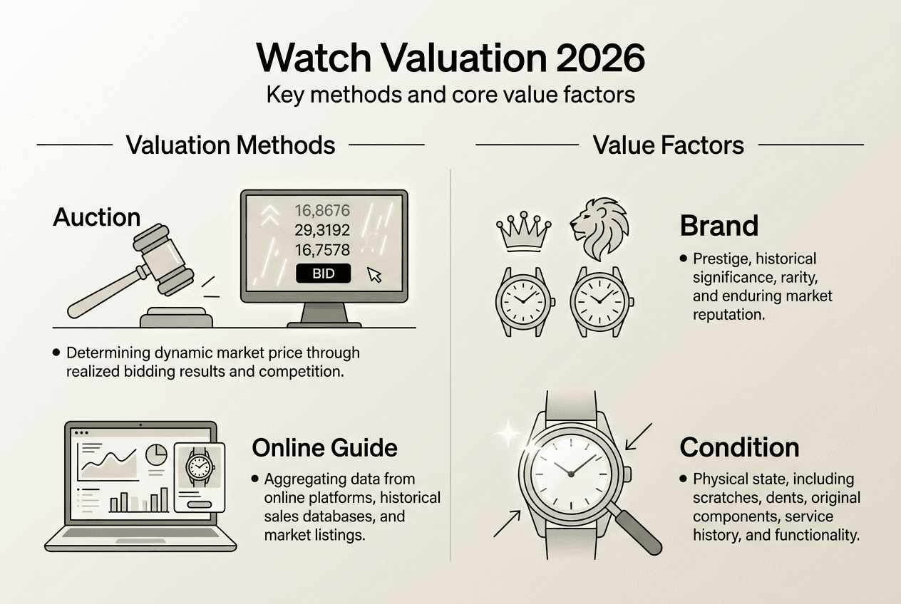 Infographic showing watch valuation methods and factors