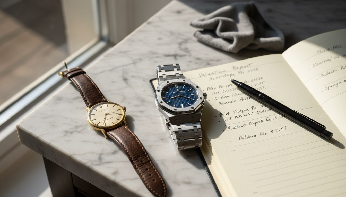 Luxury watches and valuation notes on countertop