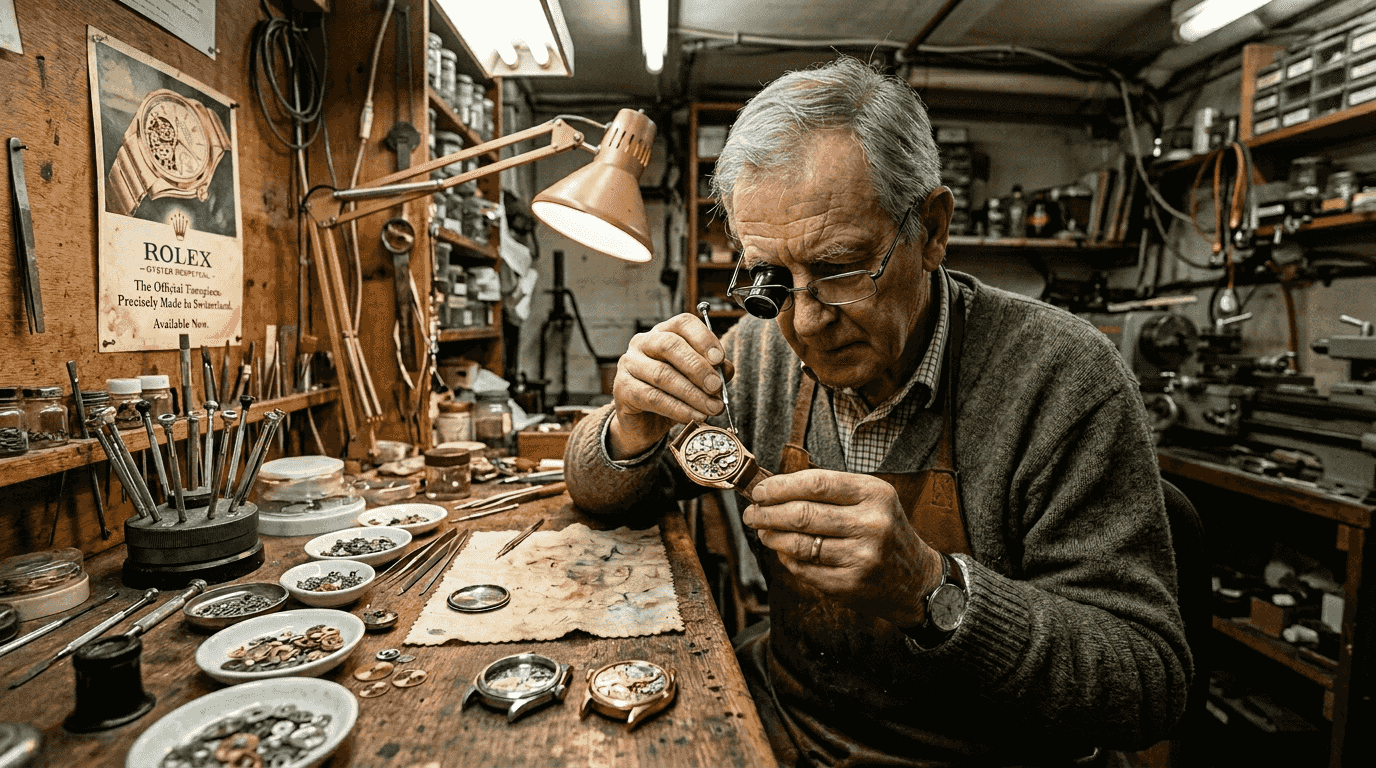 Watchmaker examining luxury watch at workbench