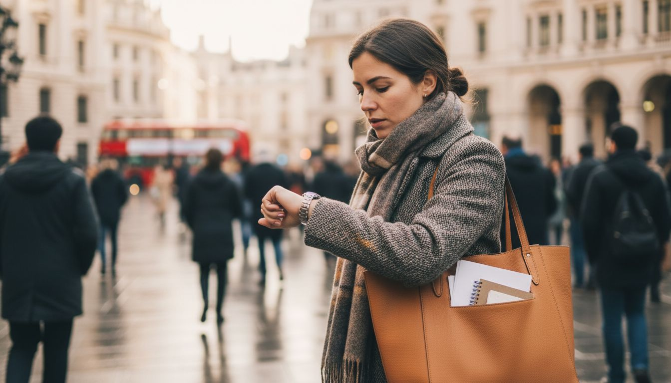 Woman checking luxury watch in city square