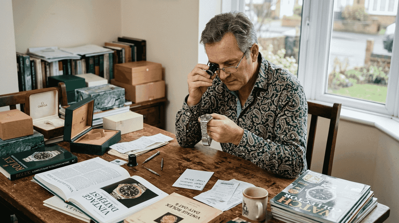 Collector inspecting luxury watch with loupe