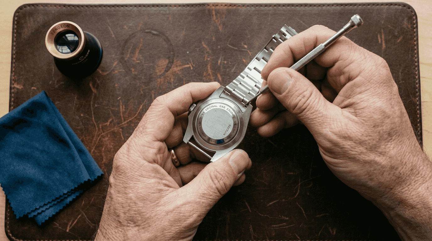 Hands revealing watch case back and serial