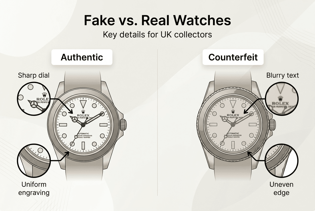 Infographic on authentic vs fake watch features