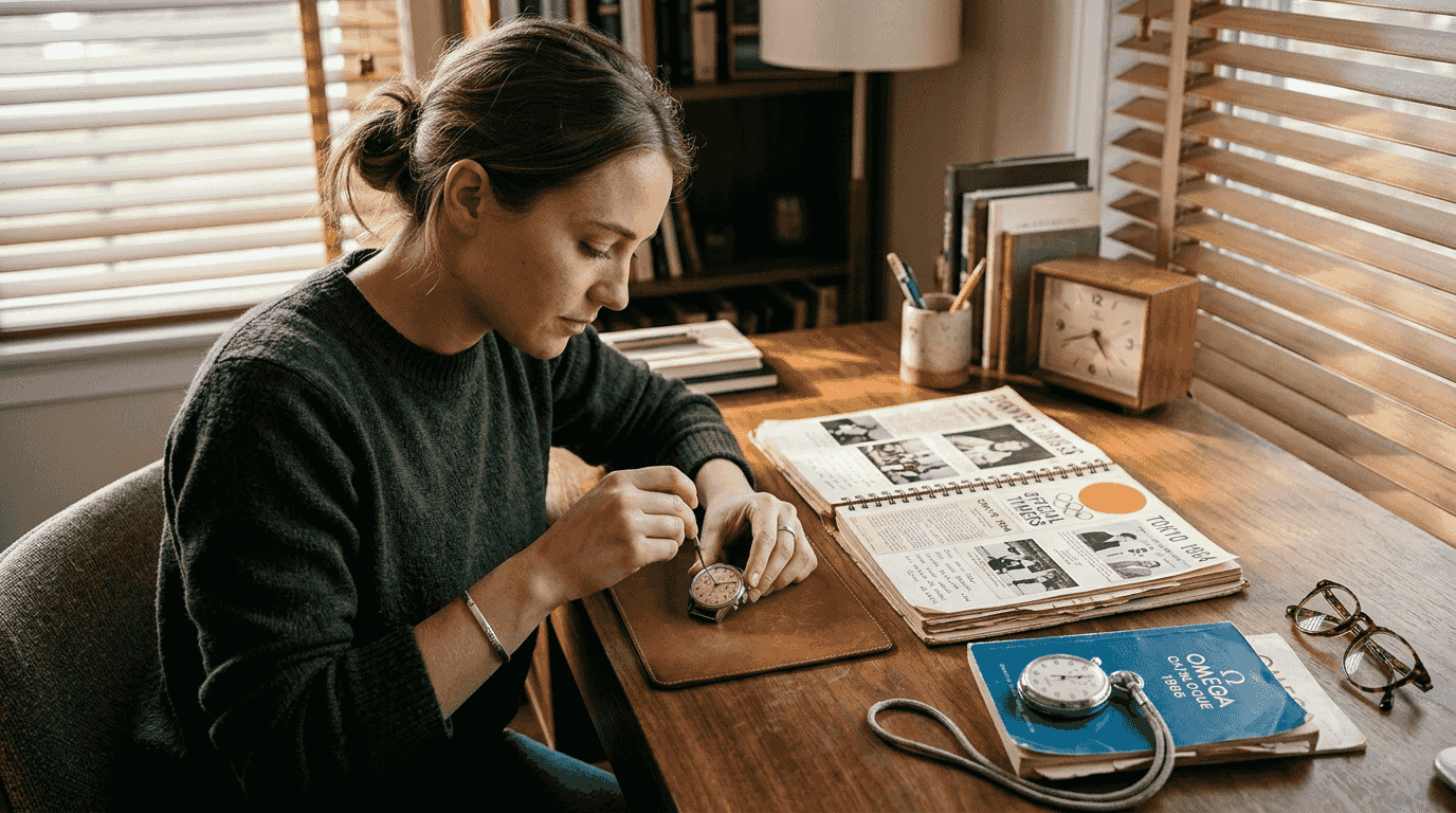 Person winding Omega chronograph with Olympic memorabilia