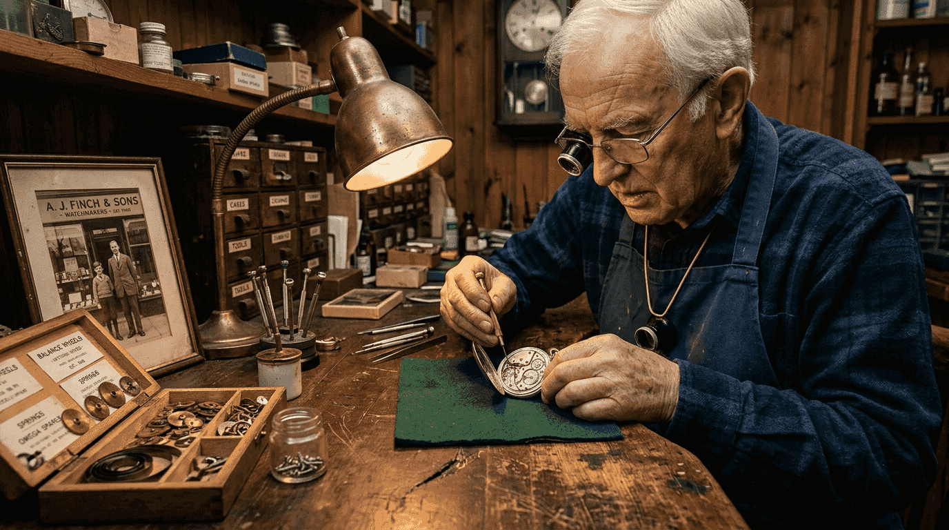 Watchmaker studying vintage Omega pocket watch