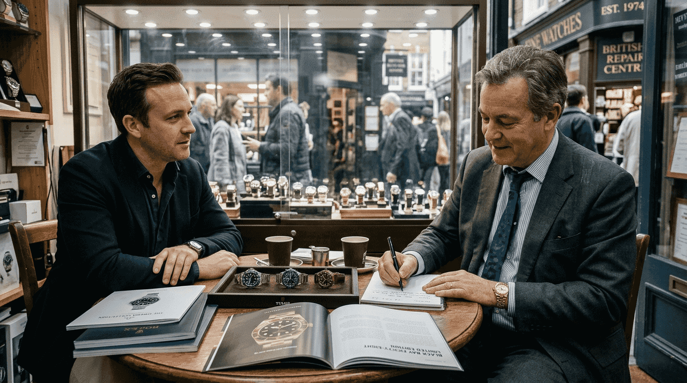 Dealer and client negotiating in watch shop