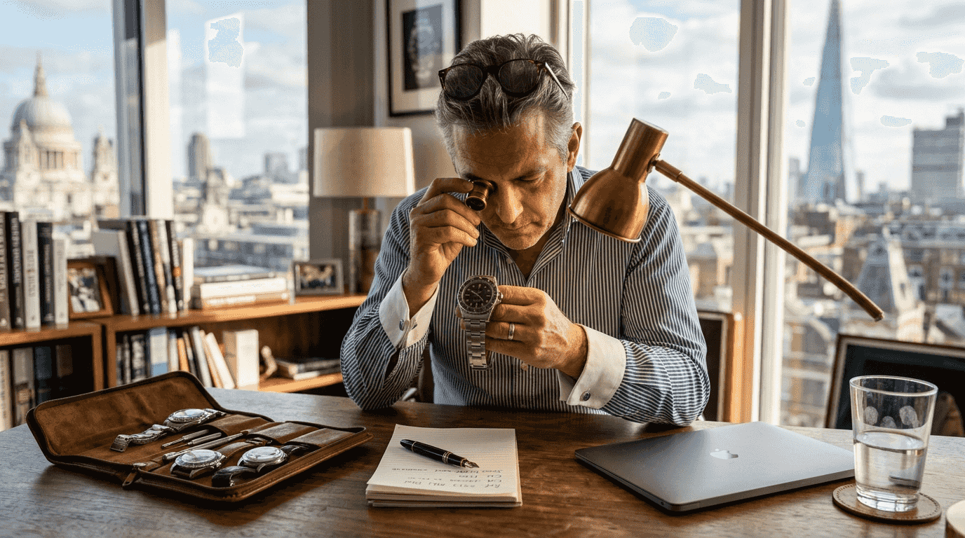Collector examines vintage watch in London office