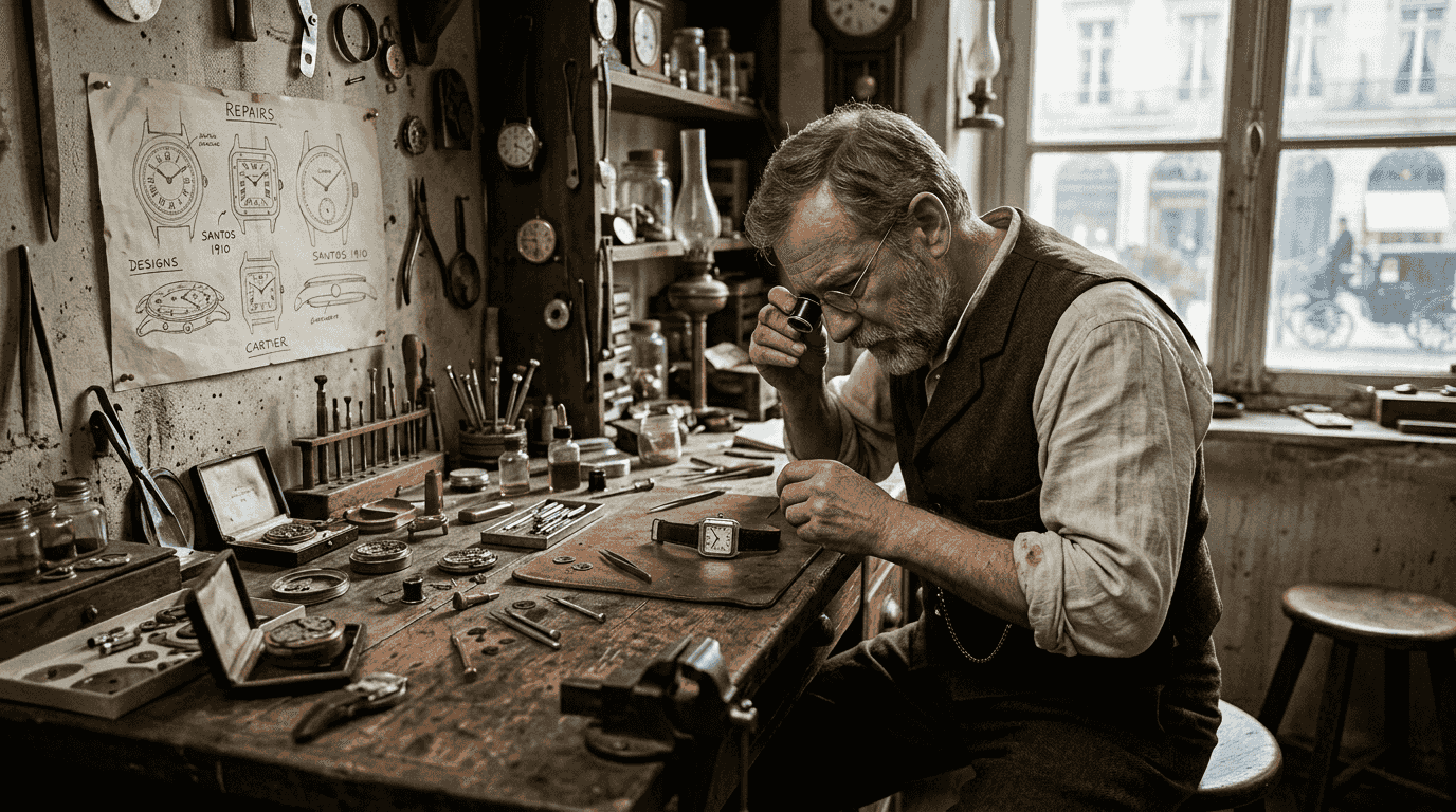Watchmaker inspecting early Cartier wristwatch