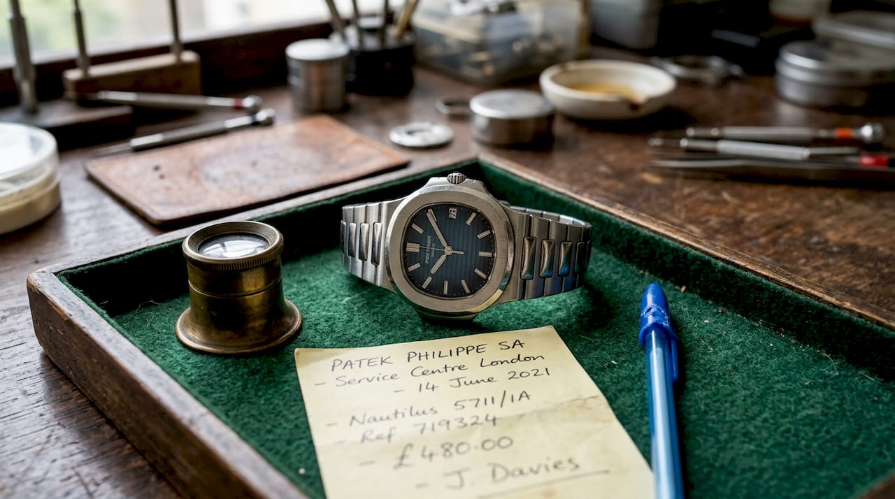 Close-up of Patek Philippe Nautilus on workbench