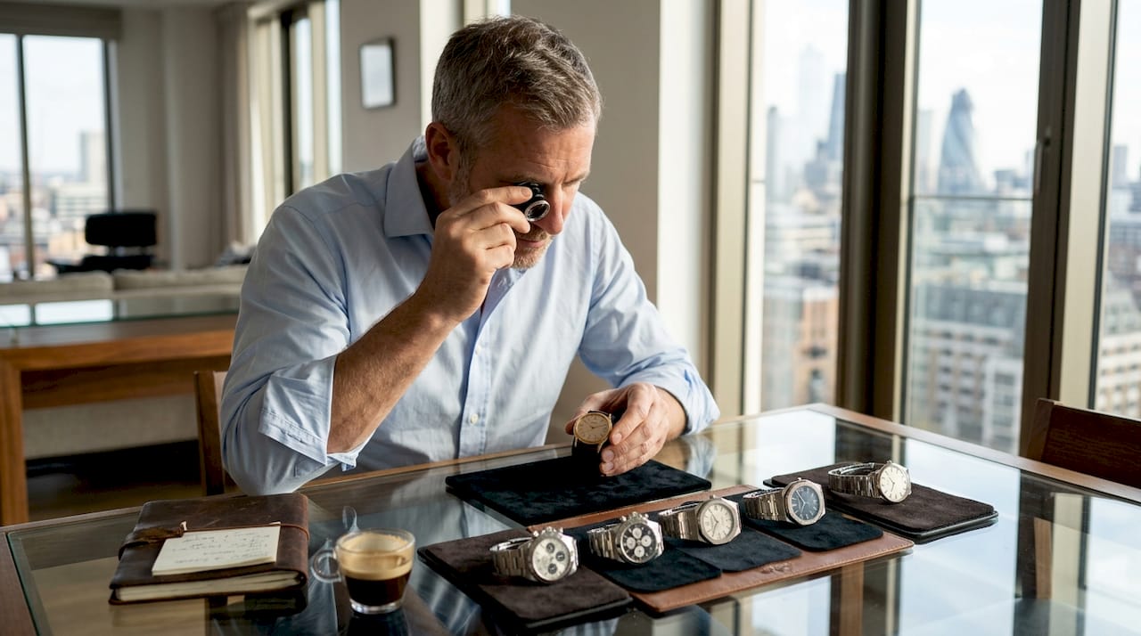 Man examining rare luxury watches in London flat