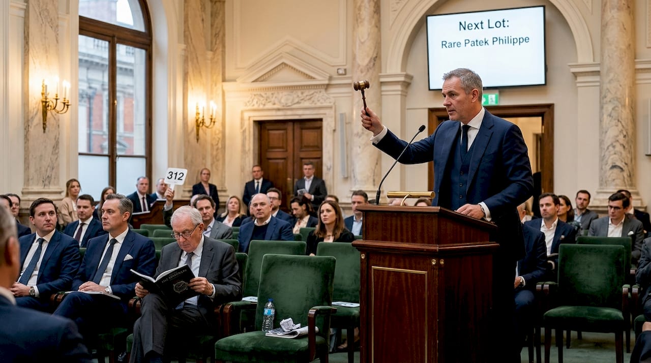 Auctioneer in grand hall during watch sale