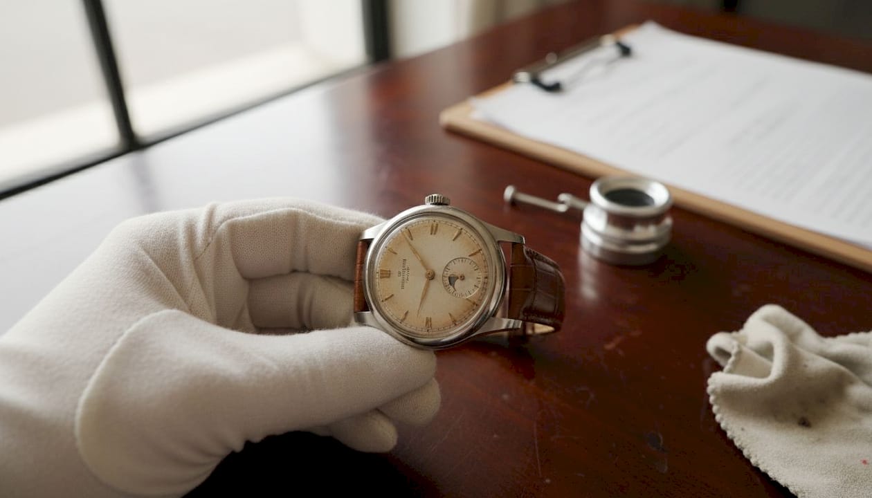 Gloved hand holding vintage Patek Philippe