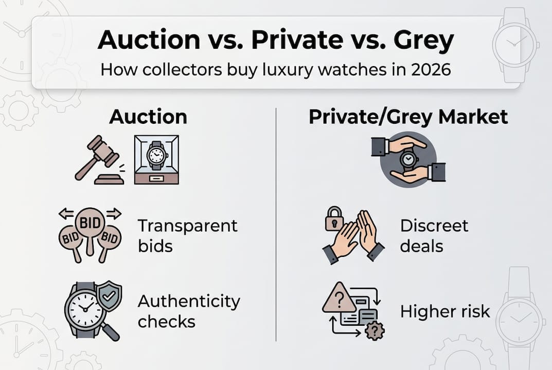 Infographic comparing auction, private, grey market