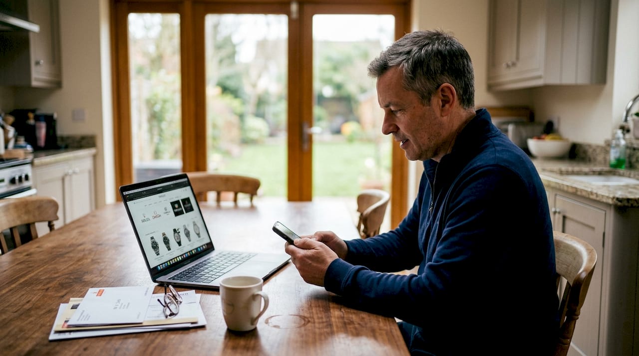 Collector browsing watch listings at home