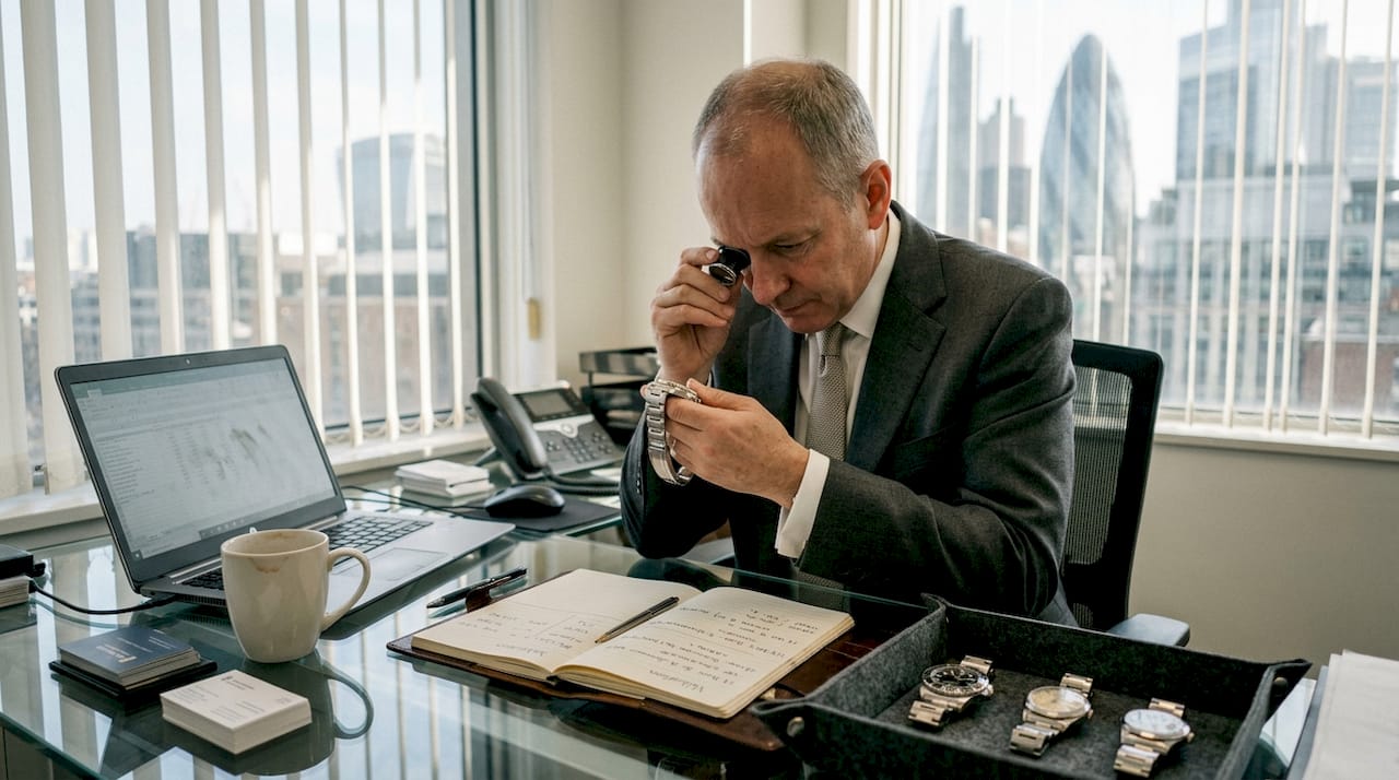 Broker assessing luxury watch at London desk
