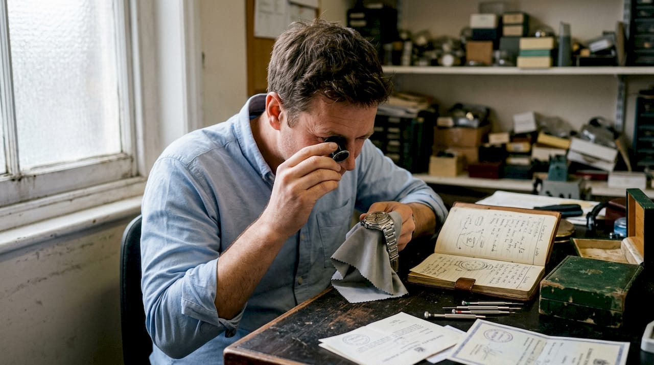 Watch expert inspects luxury timepiece in back office