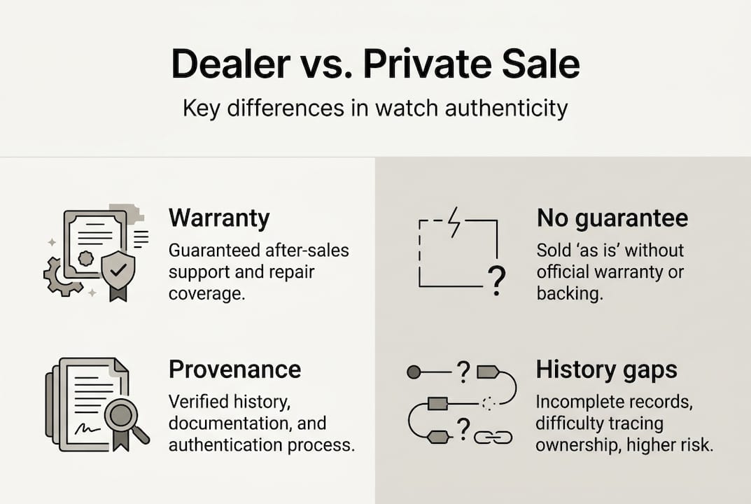 Infographic comparing dealer and private watch sale features