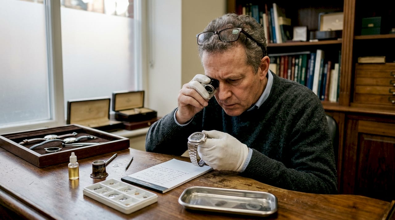 Watch dealer inspecting luxury timepiece at workbench
