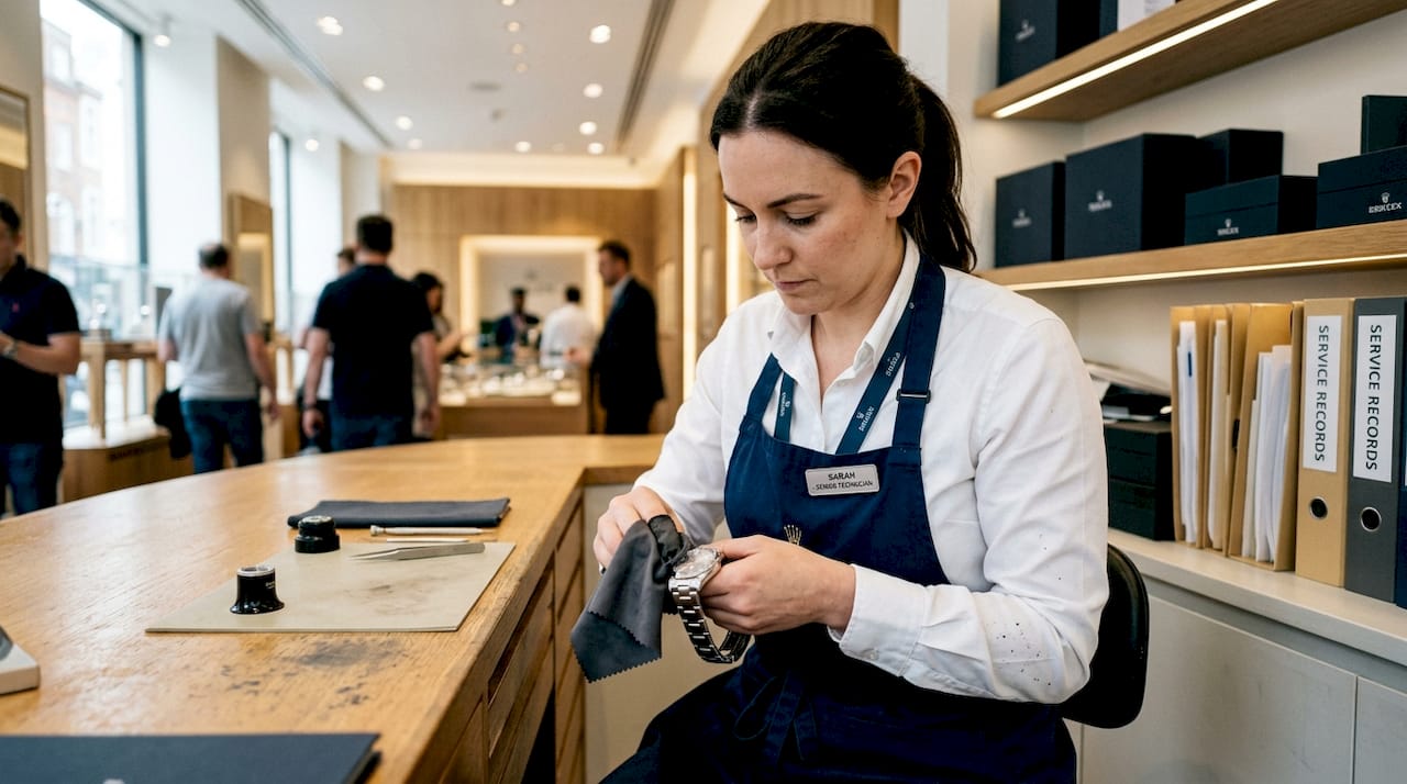 Technician polishes luxury watch in retail service area