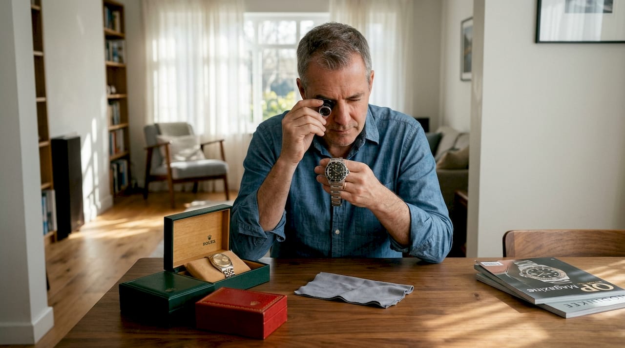 Collector inspecting Rolex watches at home table
