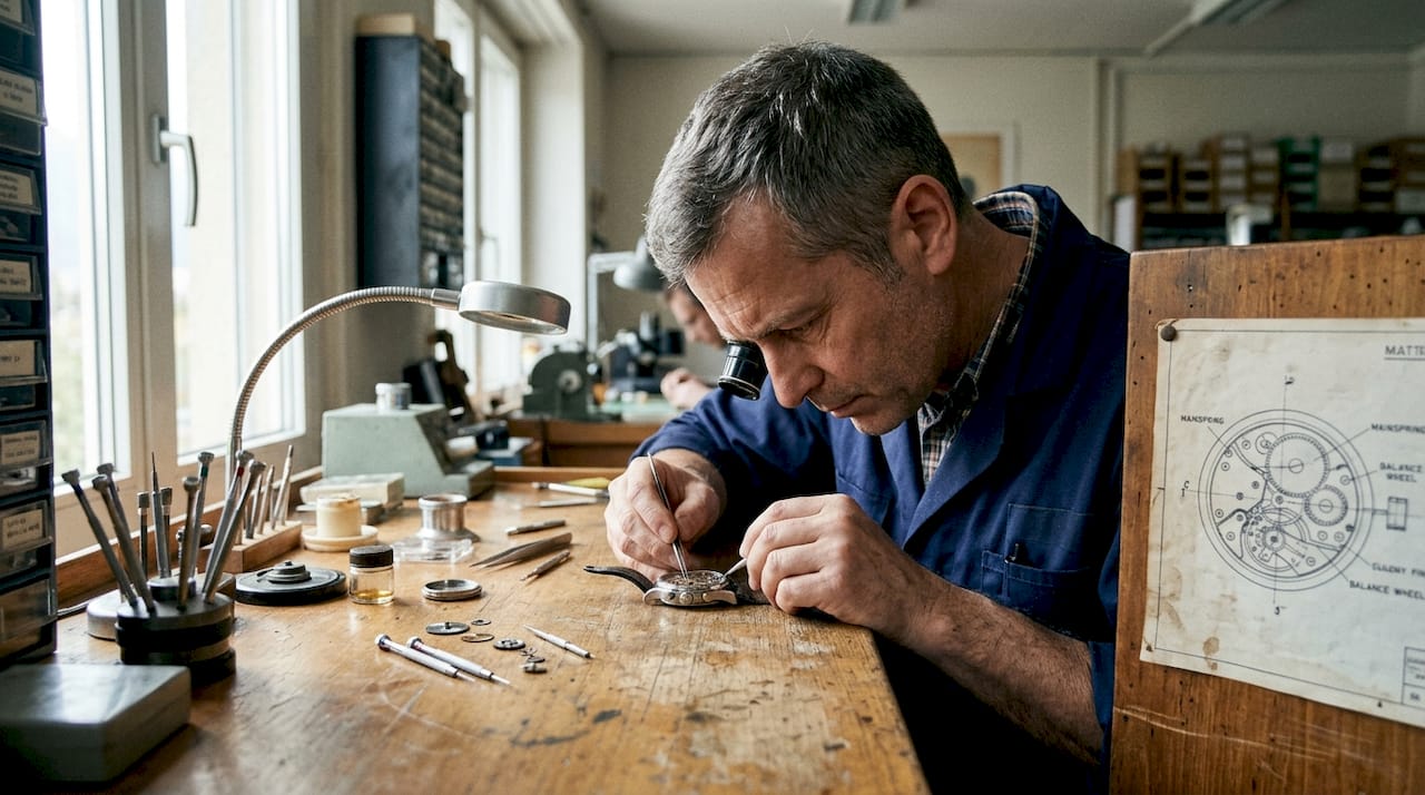 Watchmaker inspecting luxury watch at workbench