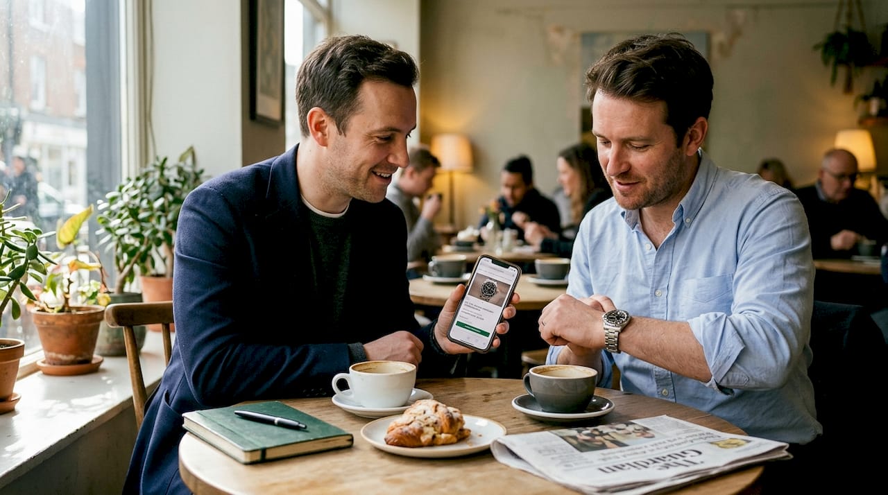 Men discussing luxury watch resale value in café