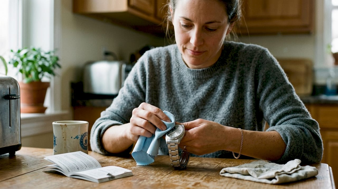 Woman cleaning watch with microfibre cloth