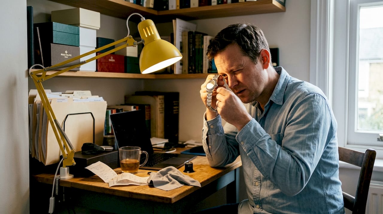 Man assesses luxury watch in home office