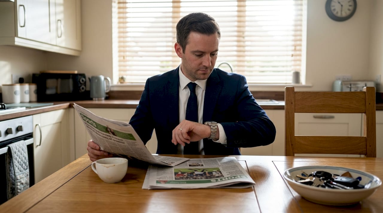 Professional man checking Rolex watch at kitchen table