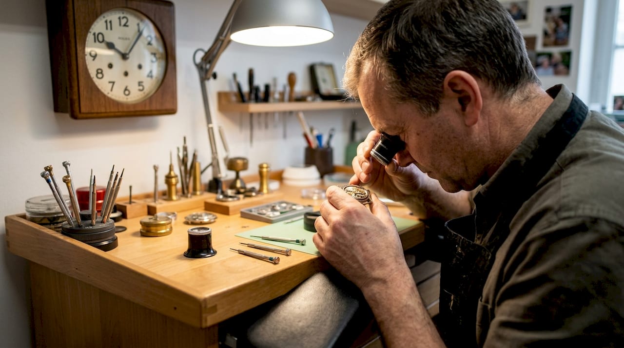 Watchmaker inspecting Rolex movement at workbench