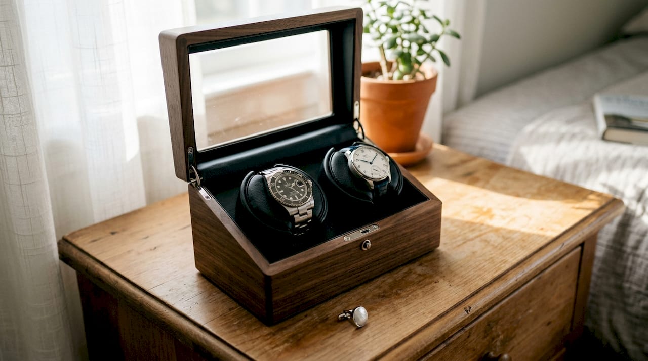 Luxury watches stored in wood watch winder