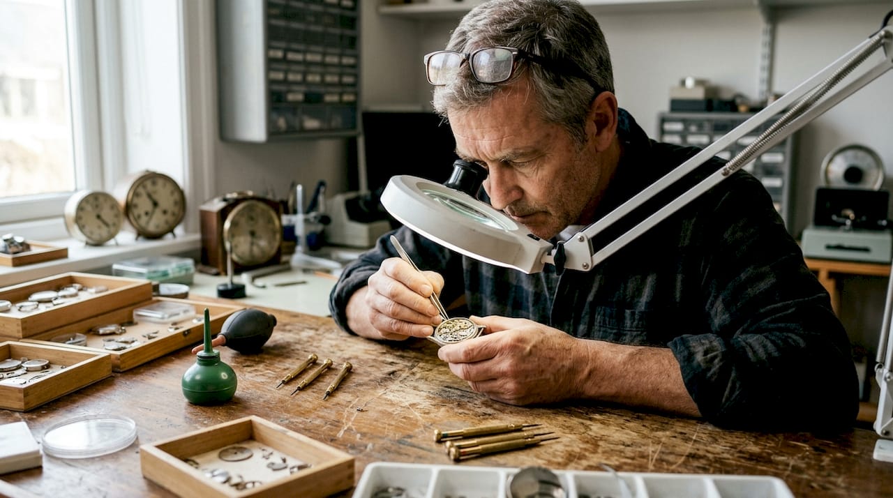 Watchmaker repairing mechanical wristwatch at workbench