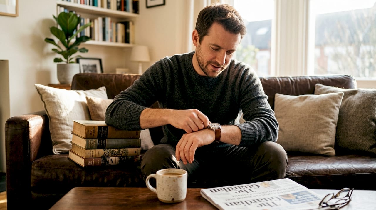 Man winding mechanical watch in living room