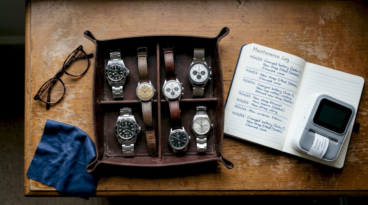 Neatly organized watches in tray on dresser