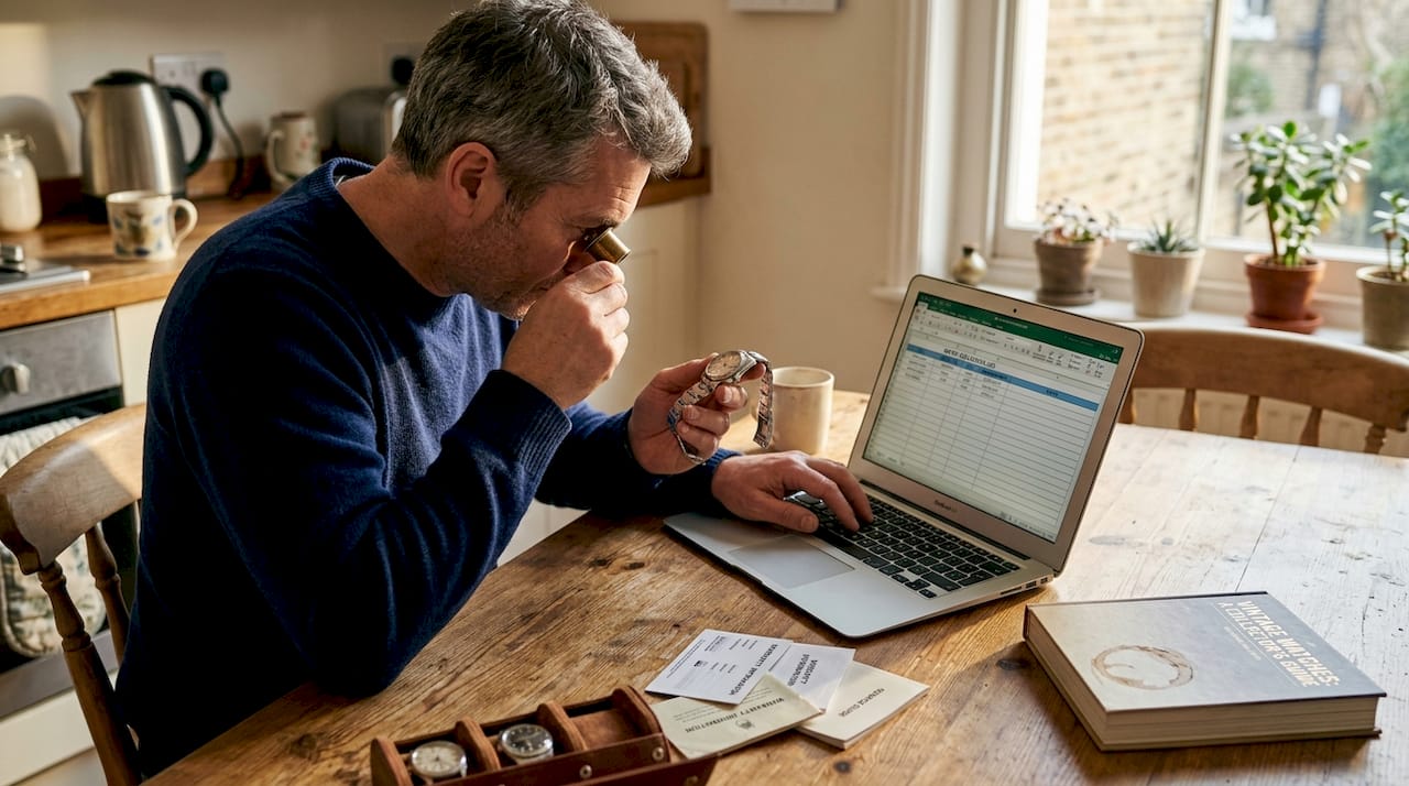 Watch collector logging watch details at kitchen table