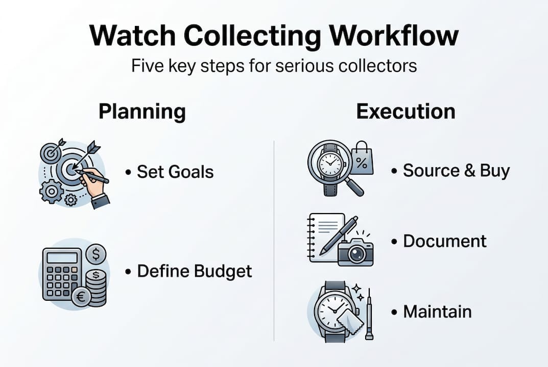 Infographic with watch collecting workflow steps