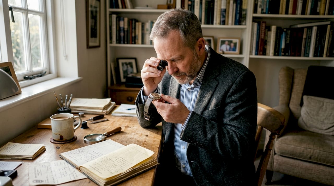 Collector inspecting a luxury watch at desk